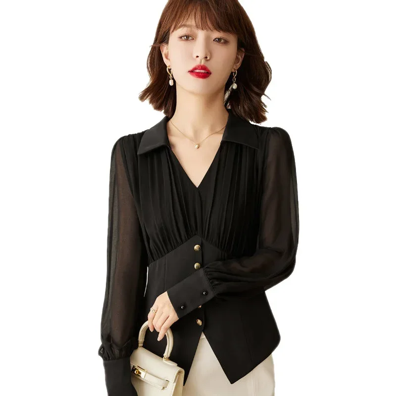 Новая модная белая женская рубашка весна 2022 шифоновая блузка с рюшами и