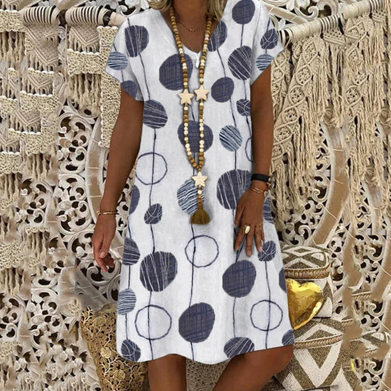

2022 New 3XL Plus Size V-neck Wave Point Printed Short Sleeve Women's Dress Knee-Length Casual Loose Dresses Vestidos Para Mujer