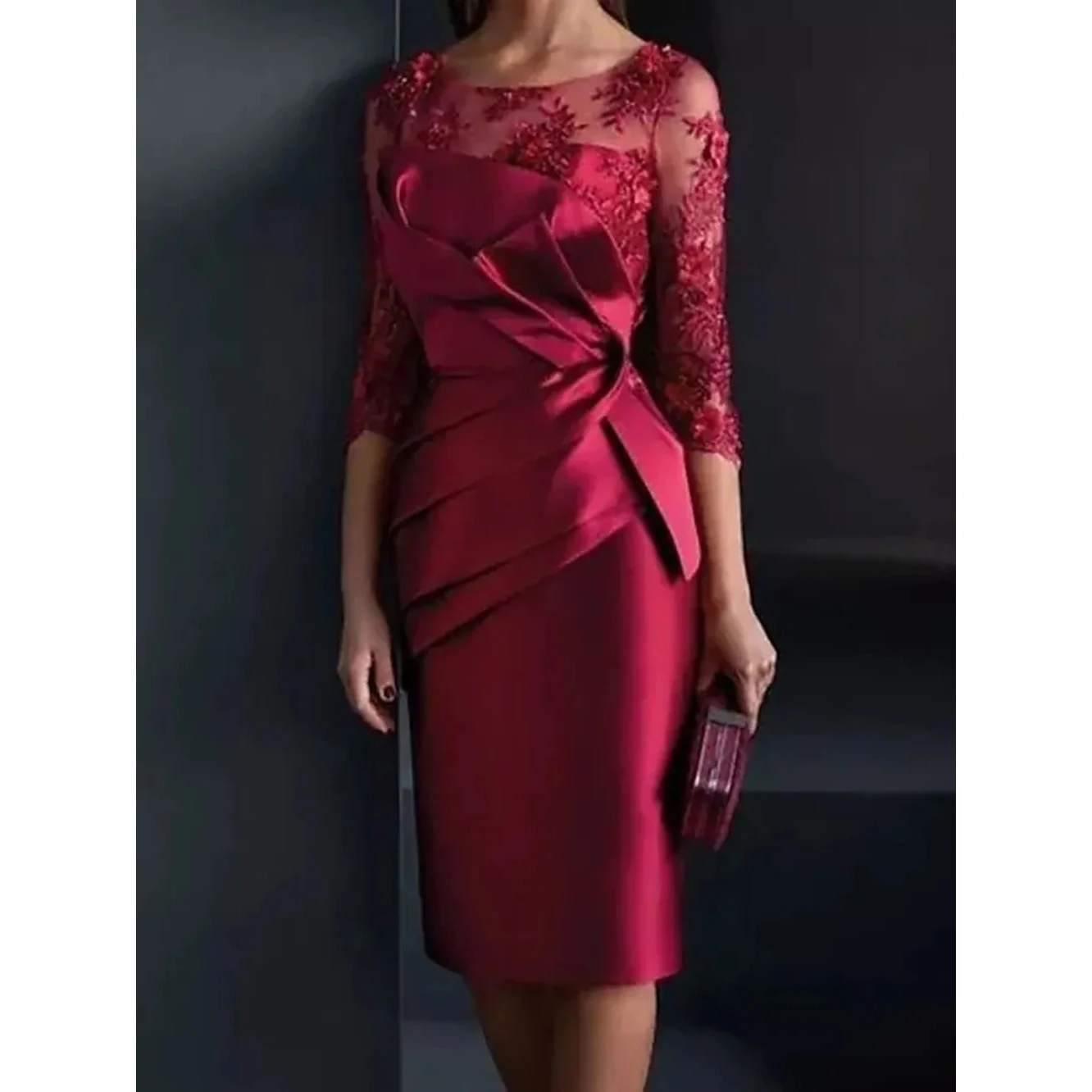 

Kadisua Red Formal Evening Dress Women Half Sleeve Knee-Length O-Neck Appliques Pleat Luxury Prom Dresses Sheath Tailor-made