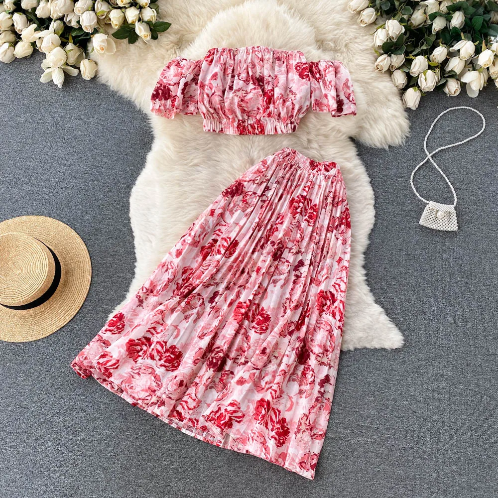 

В европейском и американском стиле для отпуска, короткий топ на одно плечо с коротким рукавом, Плиссированная Юбка До Колена, комплект из двух предметов