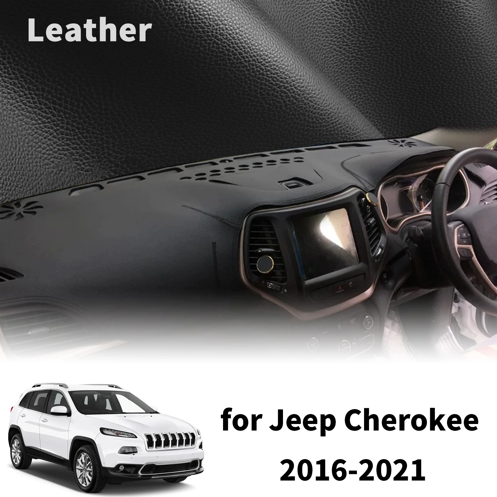 Фото Для Jeep Cherokee 2016-2021: Защитный коврик-накладка на приборную панель (Dashmat) от солнца и грязи, аксессуары №1