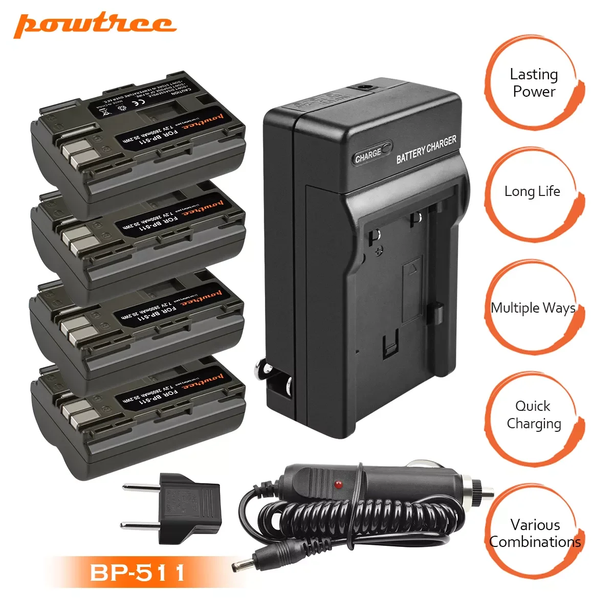 

Powtree 7.4V Camera Battery for Canon 2800mAh BP-511 BP 511 BP511 BP511A EOS 40D 300D 5D 20D 30D 50D + Charger
