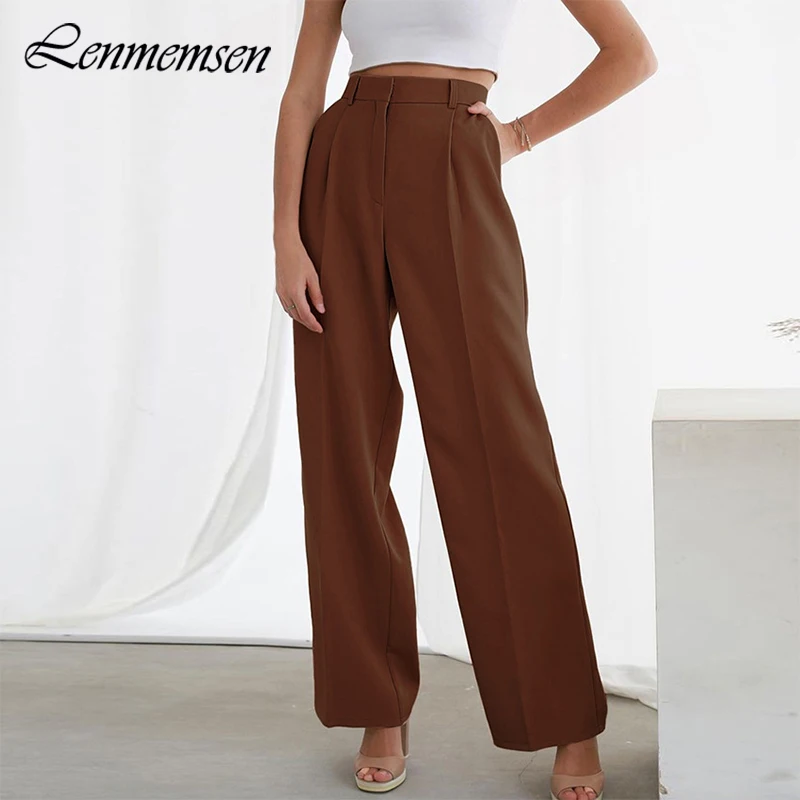 

Lenmemsen Summer Loose Wide Leg Pants Women Streetwear Trendy High Waist Suit Pants Female Casual Office Lady Solid Trousers