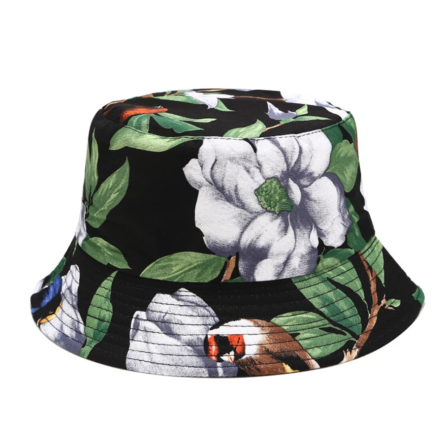 

Ins Fashion Flower Print Bucket Hats Women Double-sided Use Fisherman Hat Female Sunshade Caps Travel Folding Sunscreen Sun Cap