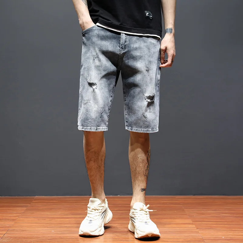 22ss Street Fashion Men's Denim Shorts Thin Men's Casual Five Points Straight Jeans Stretch Ripped Jeans