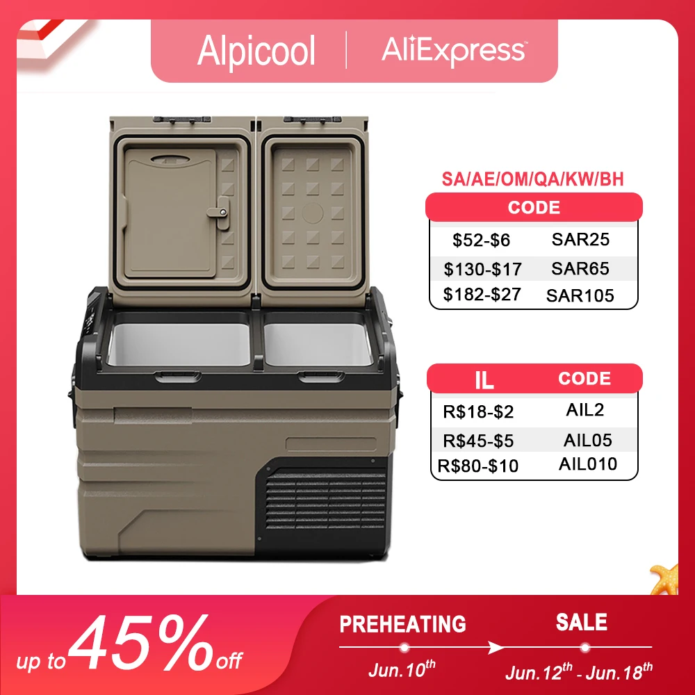 35L/45L/55L Alpicool Car Refrigerator Portable Fridge Double Door Cooler Freezer 12V 24V 220V Outdoor Home Use Camping Travel