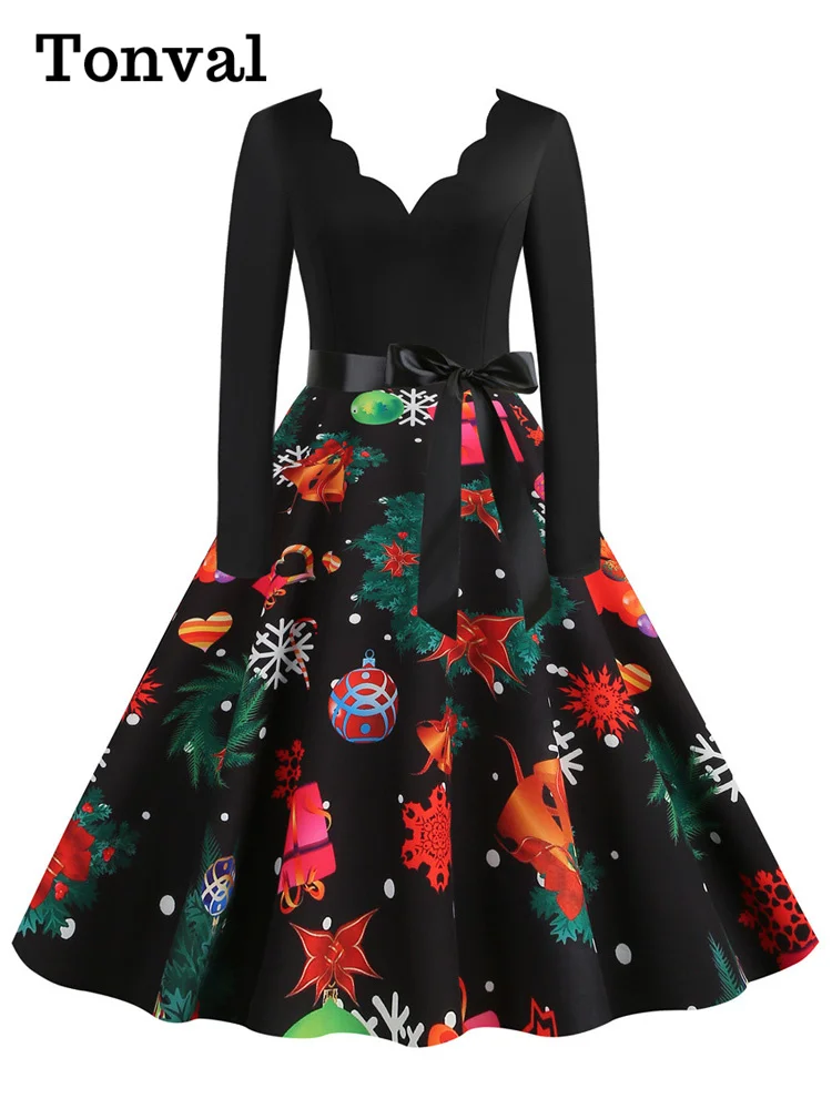 

Женское винтажное платье с V-образным вырезом Tonval, зимнее праздничное платье с поясом и разноцветным принтом, 2022