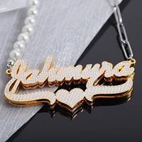 double plate personalized name necklace with heart two tone 18k gold plated custom nameplate necklaces pearl chain women jewelry