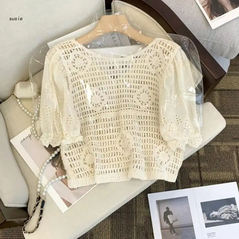 

X7YA Fashion Crochet-Short Sleeve Top Hollow-Out Flower Pattern Top Summer-Beach Cover Up Knitted Cropped-Blouse V-Neck
