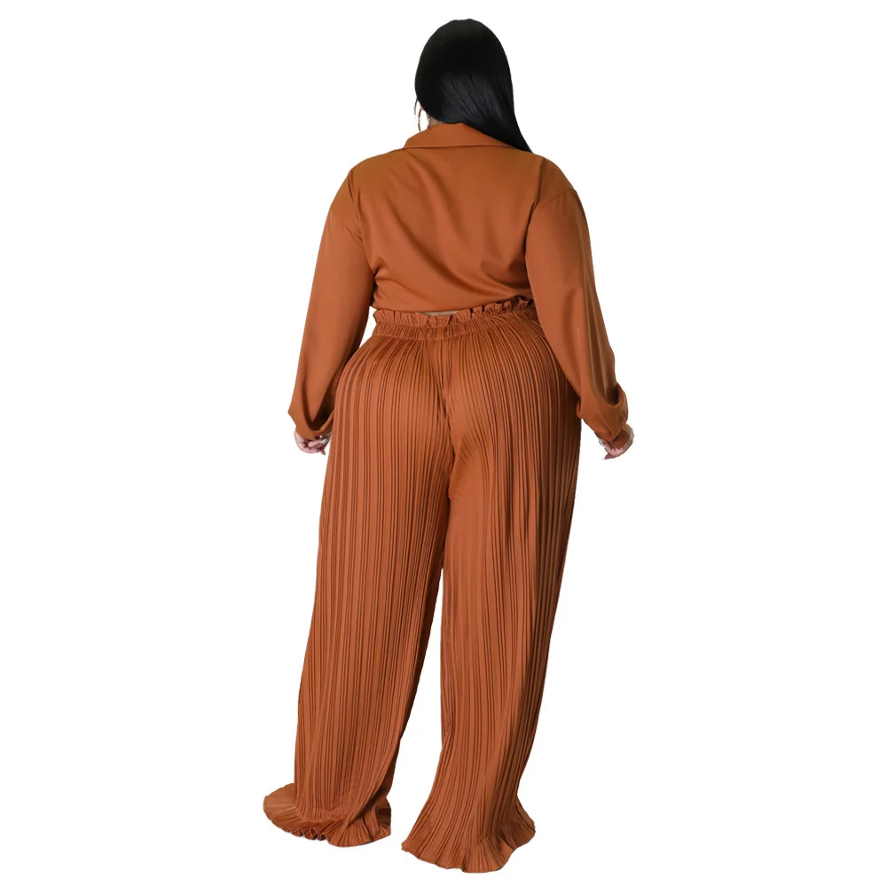 Plus Size Women Clothing Two Piece Sets Outfits Fashion Loose Long Sleeve v Neck Top and Pleated Pant 3xl 4xl 5xl 6xl