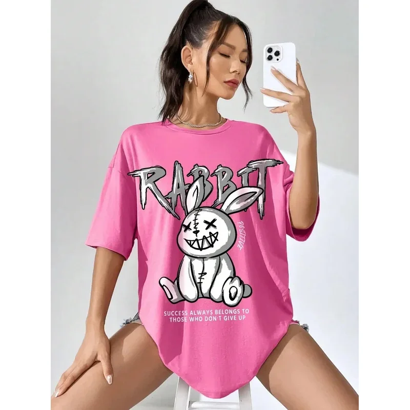 Футболка женская с принтом кролика хлопок модная повседневная мягкая Свободная