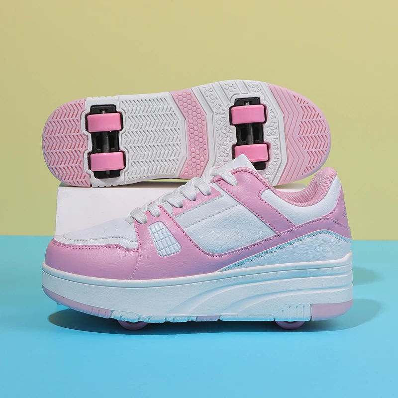 

Осенняя детская школьная обувь унисекс, Дизайнерская кожаная прогулочная обувь, модная Розовая обувь для мальчиков с четырьмя колесами, детская обувь для девочек