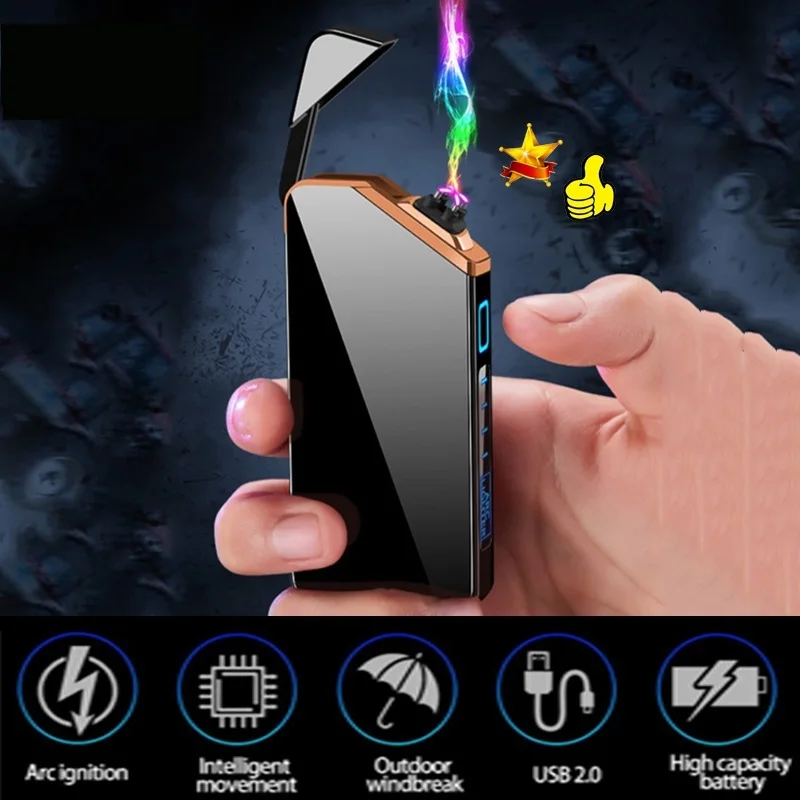 

Windproof Portable Mini Cool Double Arc Electric Lighter LED Lighting Flashlight USB Rechargeable Lighters Power Display Outdoor