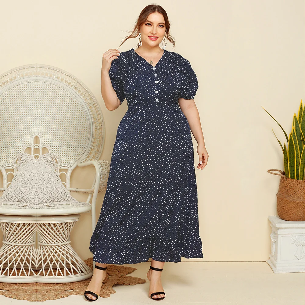 Plus Size Women Clothing Fall Polka Dot Sexy Slim Fashion Short Sleeve Ladies Long Dress 2022 XL-4XL Oversized