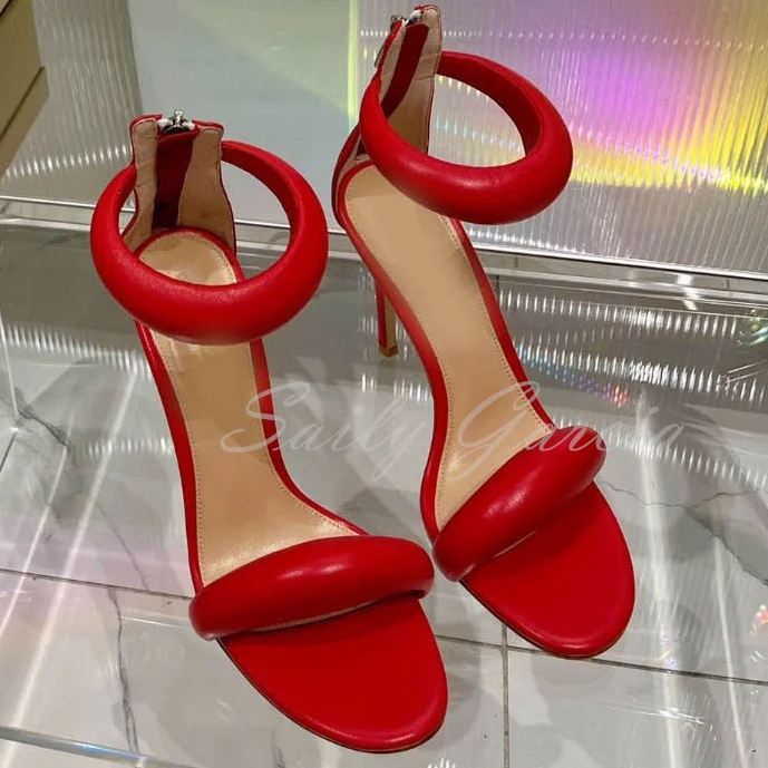 Sexy Banquet Leather Sandals Ladies Brand New One-Line Back Zipper Round Toe Stilettos Gold White Red Sandals Large Size 43