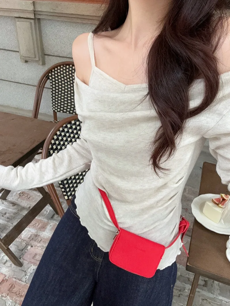 Pphome Fake из двух частей нежный вязаный топ с открытыми плечами и длинными рукавами