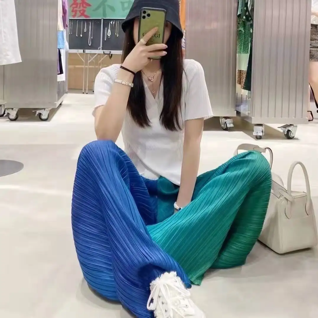 

Женские брюки из ледяного шелка, тонкие градиентные плиссированные брюки с градиентом, прямые свободные повседневные брюки-трубы с широкими штанинами, 2022