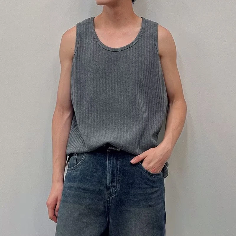 

Sports Tank Tops Mens Fashion Solid Color Loose Ribbed Sleeveless Camisole 2023 Summer Streetwear Leisure Men Casual O Neck Vest