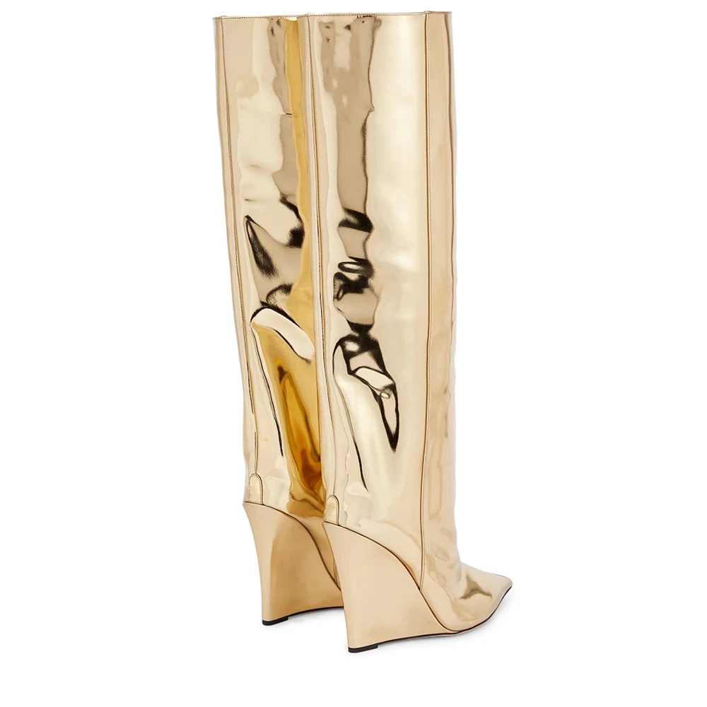 Autumn Winter Women Tall Boots Pointed Toe Wedges Slip On Sexy Patent Leather Fashion Clubwear Knee High Boots