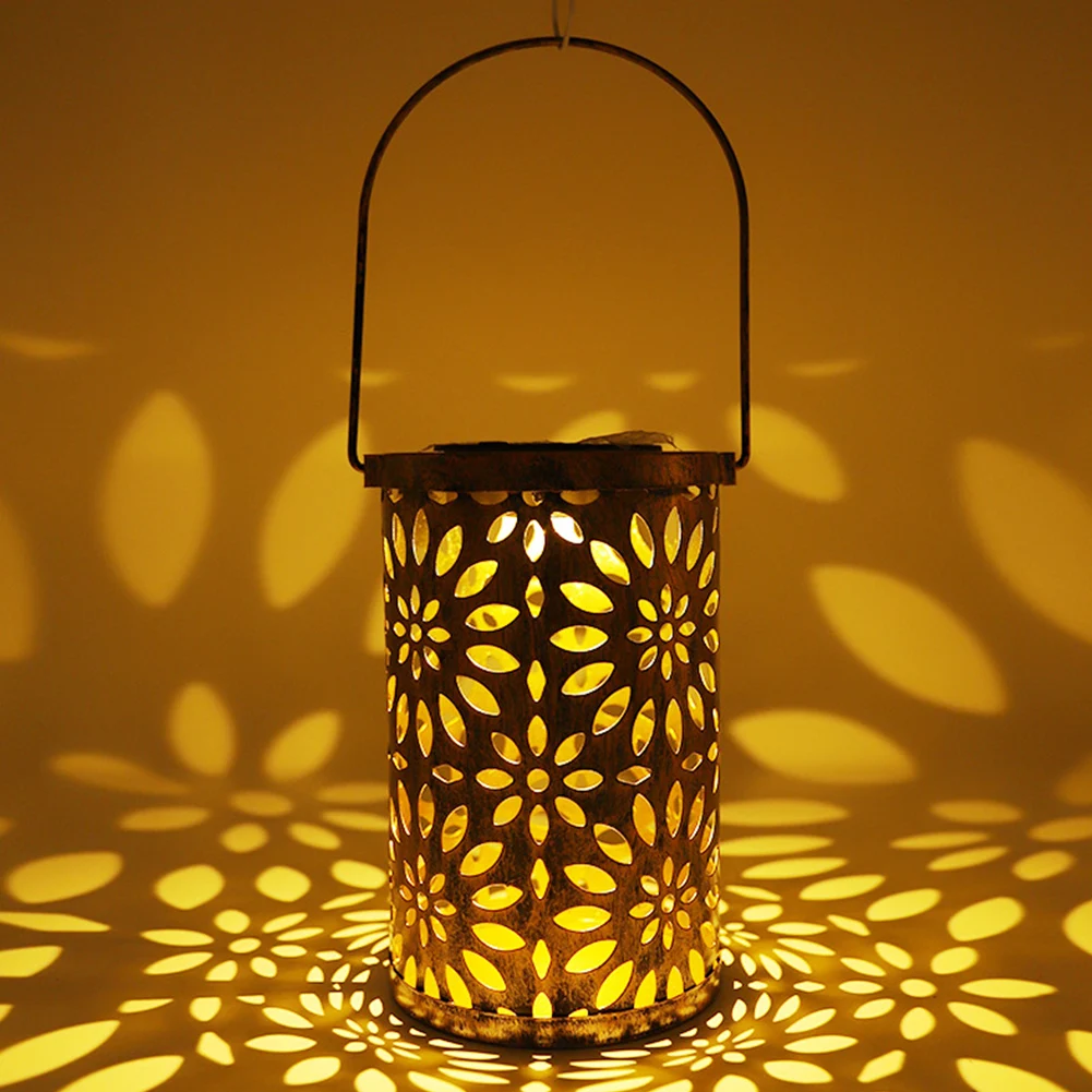 

Waterproof Hollowed Out Iron Art Outdoor Garden Home Decor With Handle Auto On Off Hanging Yard Retro Patio LED Solar Lantern