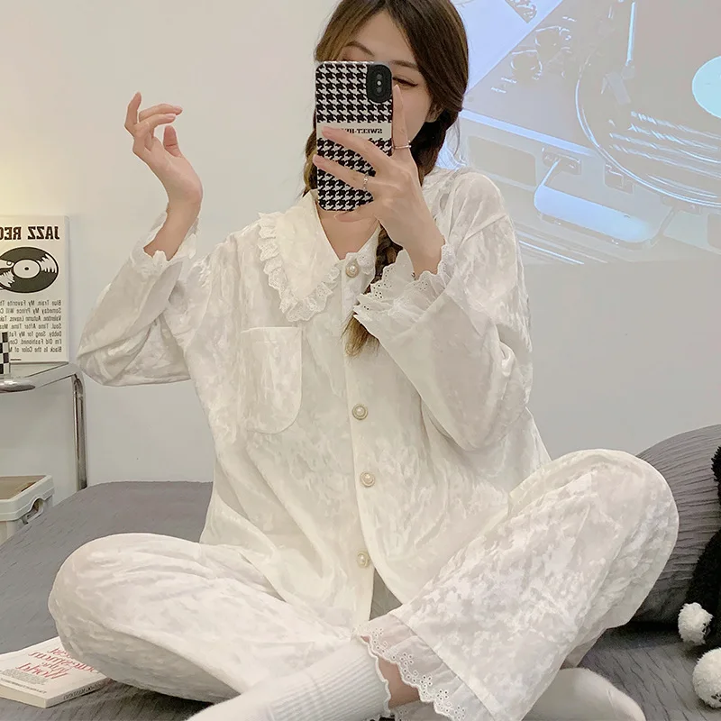 Милый белый кружевной бархатный пижамный комплект осень-зима женская пижама