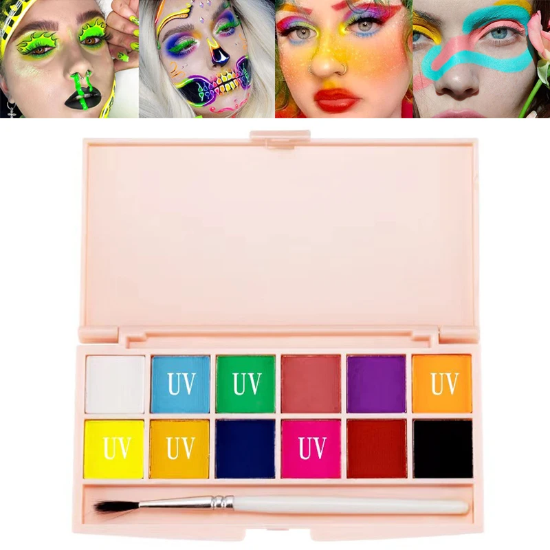 

12 Colors Face Body Painting Oil Cream Water Activated Eyeliner UV Light Painting Halloween Christmas Makeup Palette with Brush