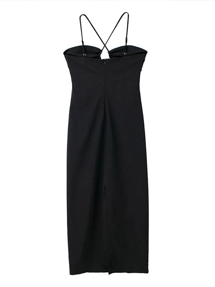 Женское сексуальное ажурное платье на бретельках элегантное однотонное черное