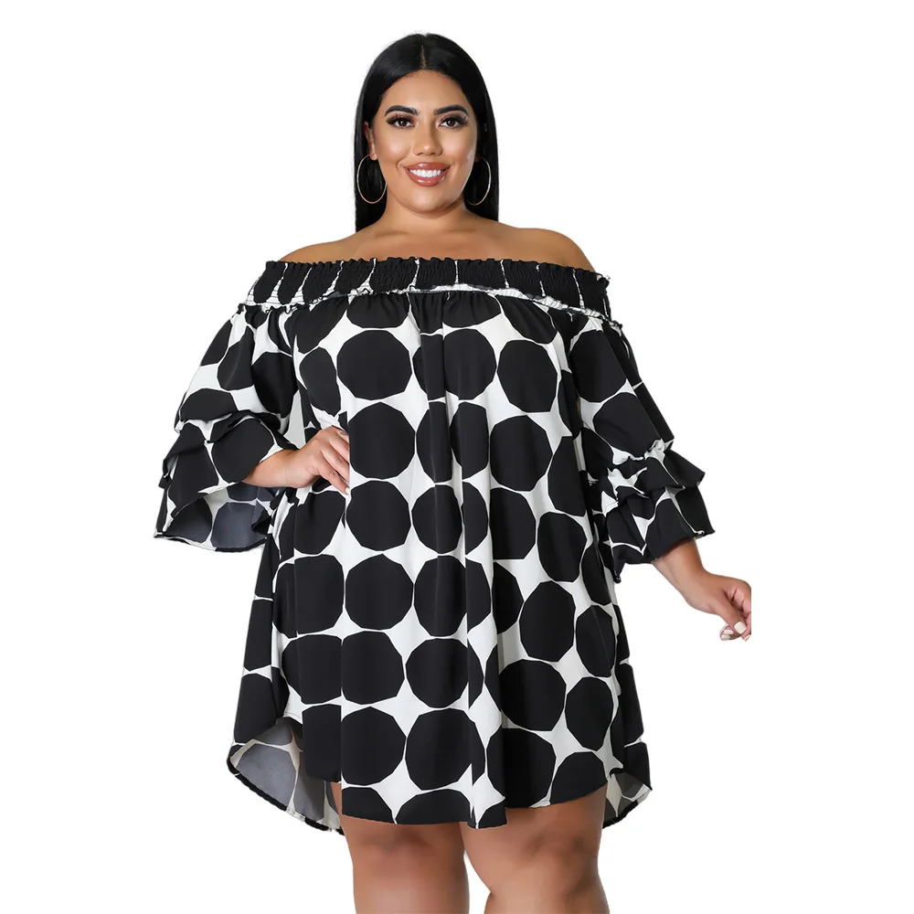 Plus Size Dresses Dot Slash Neck Mini Skirt Casual  Above Knee Mini Flare Sleeve Party Dresses Dresses for Women 2022 All Season