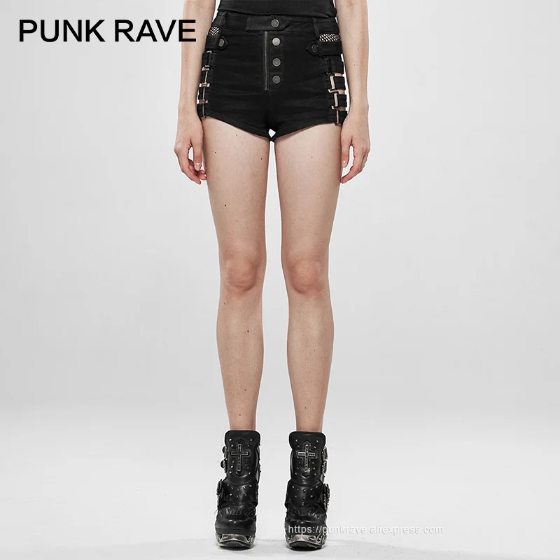 

PUNK RAVE Women's Punk Metallic Rock Hollow Denim Black Short Mesh Metal Buckle Handsome Sexy Club Tight Women Shorts