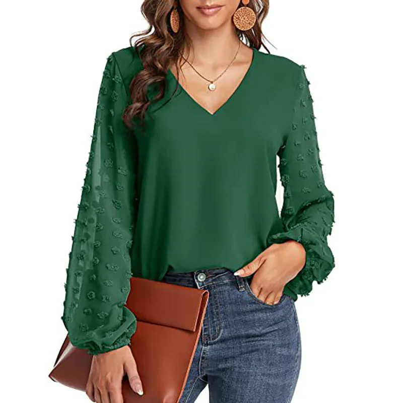 

Spring and Summer Women's Newest V-neck Chiffon Shirt Stitching Long-Sleeved Tops Women Elegant Shirts Blouses Ladies Tops
