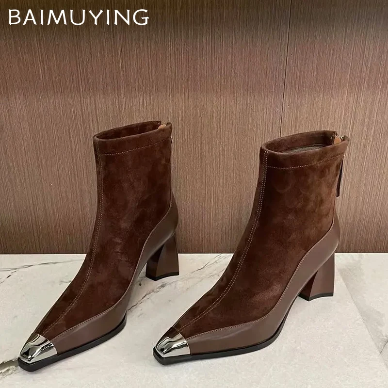 Зимние массивные женские ботильоны с острым носком модная обувь на высоком