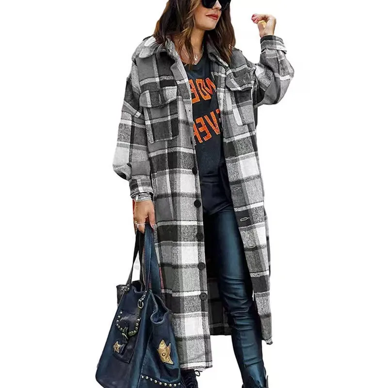 

ZNU Woman Long Sleeve Loose Button Plaid Shirt Woolen Jacket Long Checkered Winter Clothes Fashion Female Clothing 2022