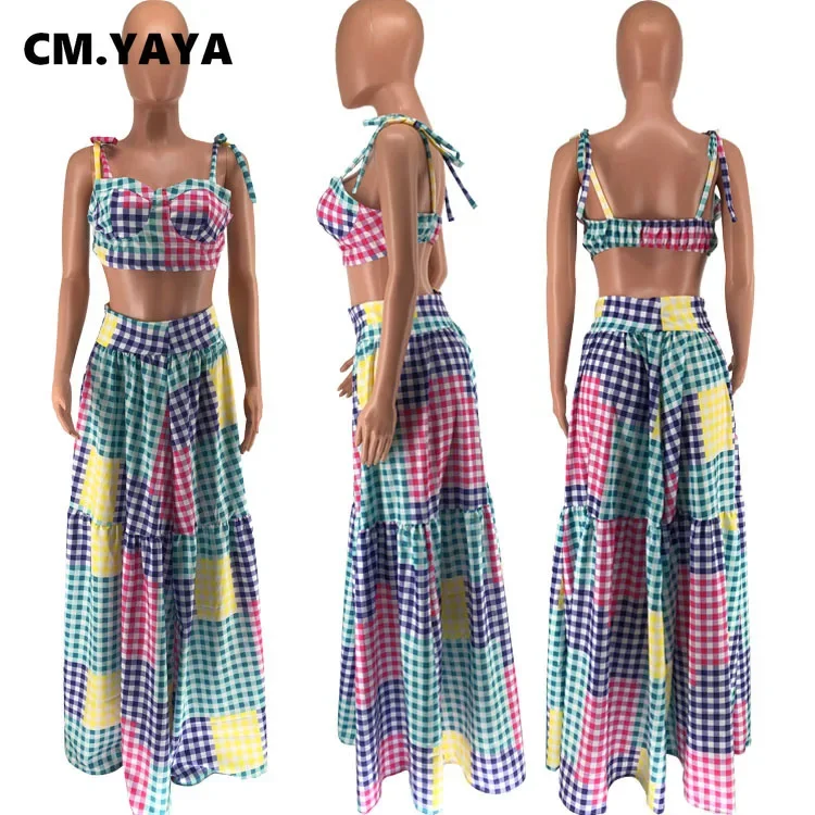 Женский клетчатый костюм Макси CM.YAYA яркая длинная юбка-качели и укороченный топ