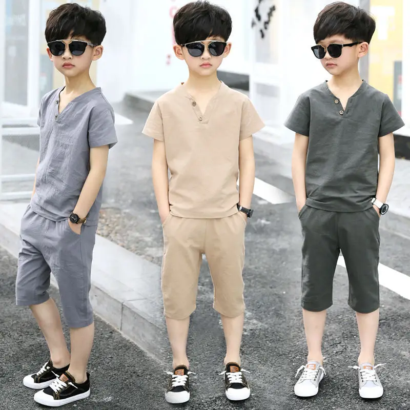 

Kids Clothes Sets Short Sleeve T Shirt+pant 2 Pc Suit Children Suits Fashionable Pure Cotton Linen Summer 4-12 Ages