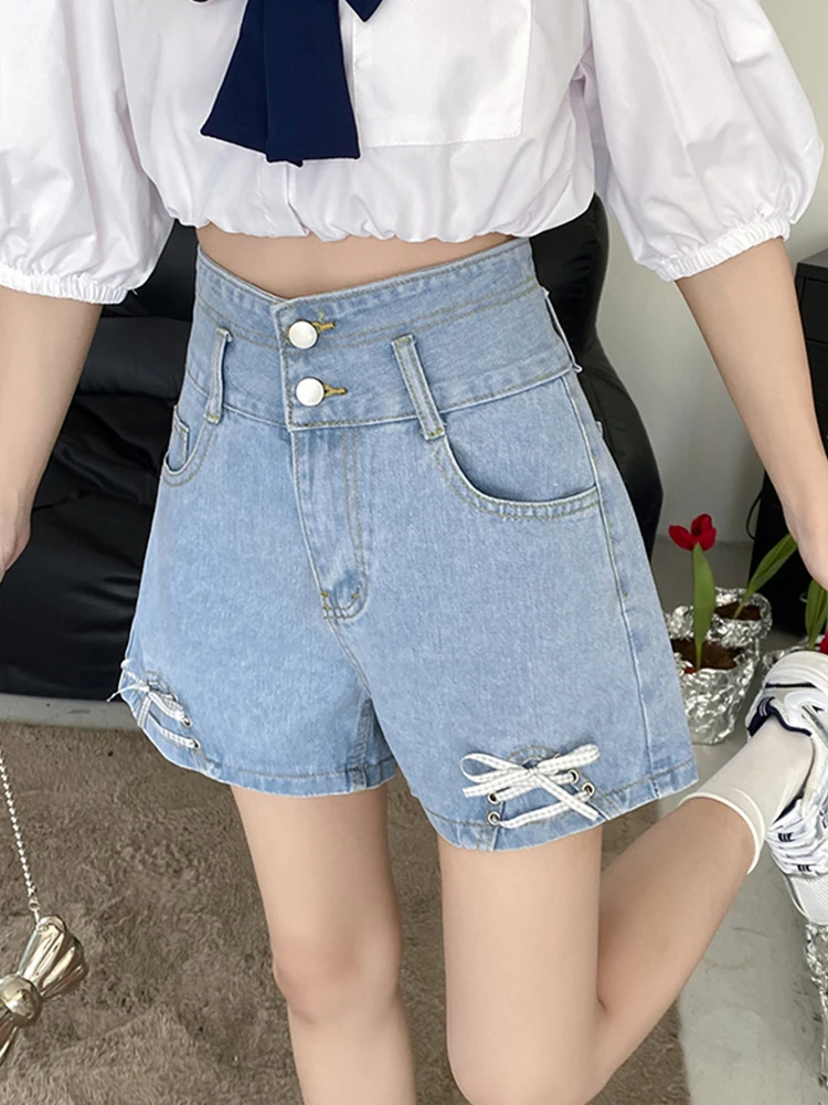 New Spring Summer Women High Waist Button Blue Denim Shorts Casual Female Wide Leg Lace Up Jeans Shorts Bottoms