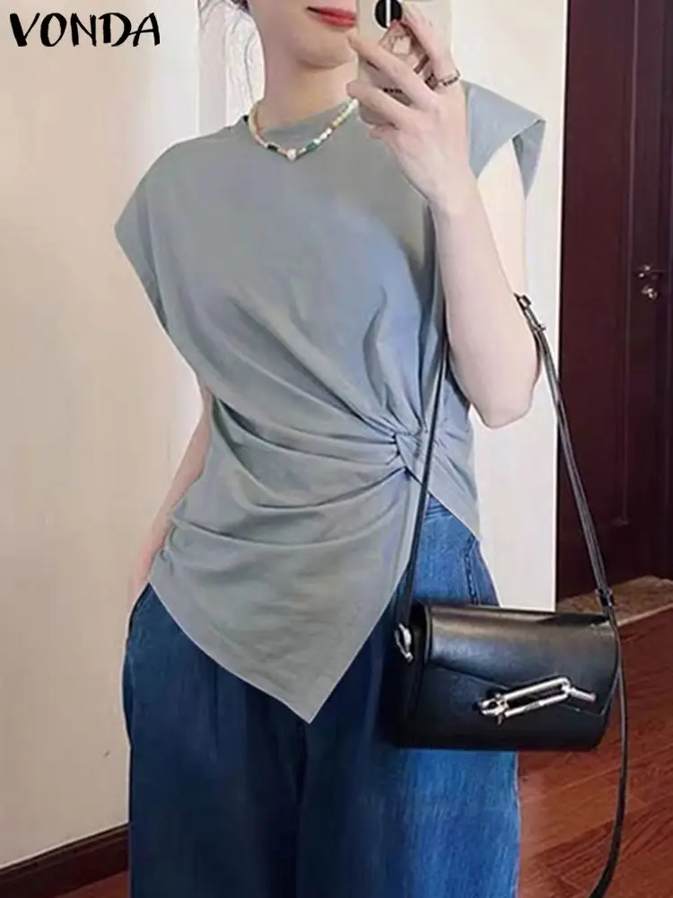 

2023, блузки VONDA, Женская туника, летняя элегантная женская блузка с необычным подолом, винтажные рубашки с круглым вырезом, повседневные Однотонные блузки
