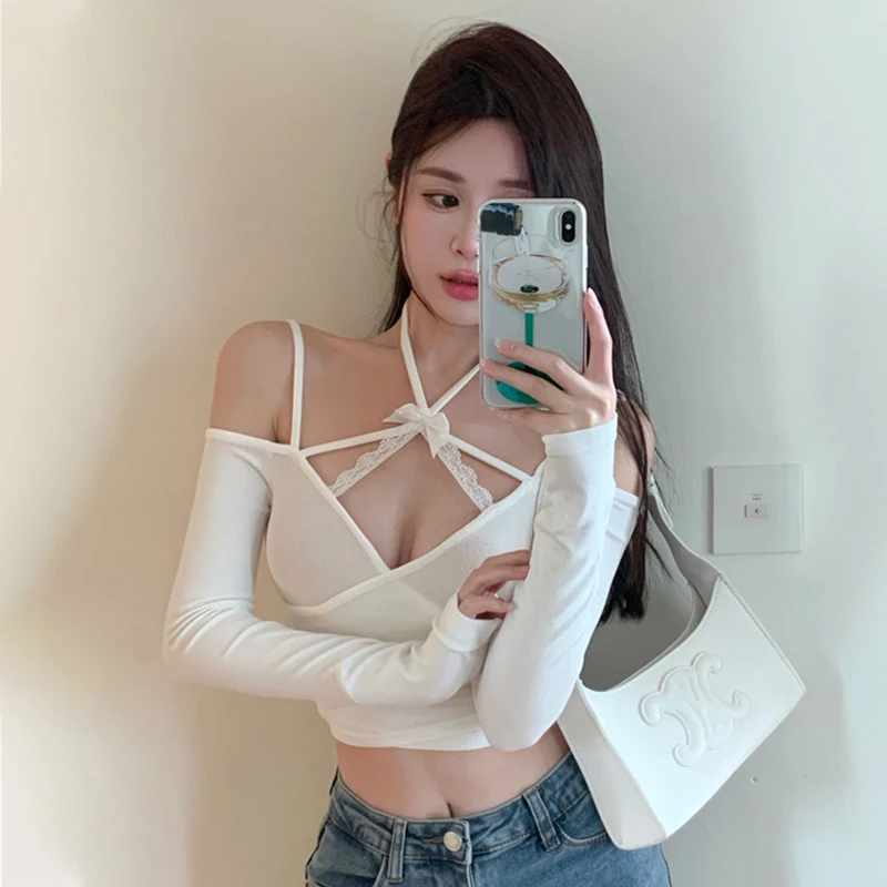 

Корейская облегающая трикотажная футболка с вырезами и открытыми плечами, синяя, белая женская сексуальная короткая футболка с лямкой на ш...