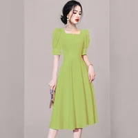 womens new summer korean version high end temperament square neck bubble sleeve retro light luxury simple big swing dress