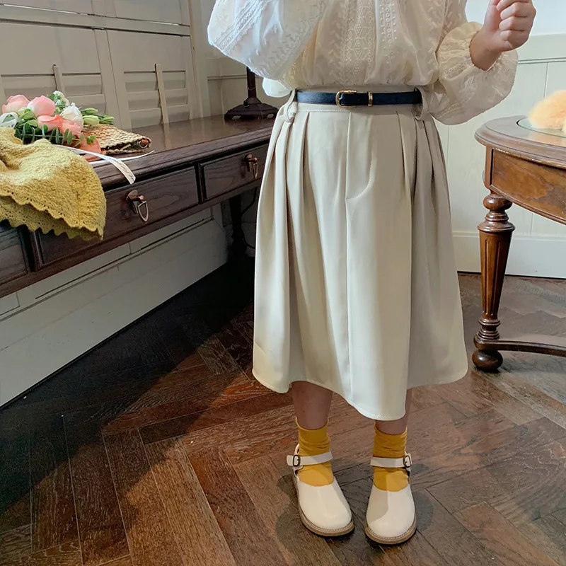 

Юбка с поясом, детская Однотонная юбка до колена, юбки для девочек, прямые свободные повседневные корейские однотонные юбки с поясом