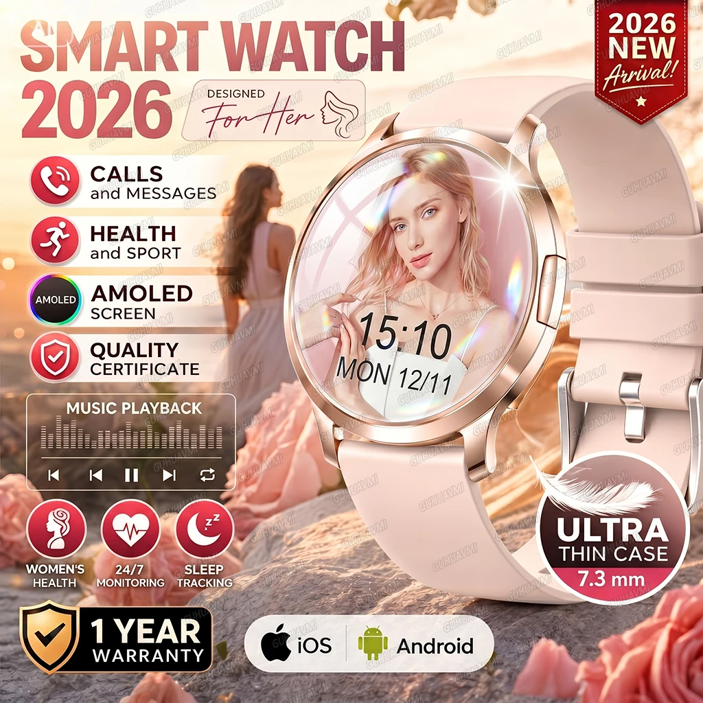 Фото Новые ультратонкие смарт-часы 2026 года для женщин с AMOLED-дисплеем 466*466, спортивные часы с функцией звонков по Bluetooth, цифровой трекер здоровья, женские смарт-часы №1