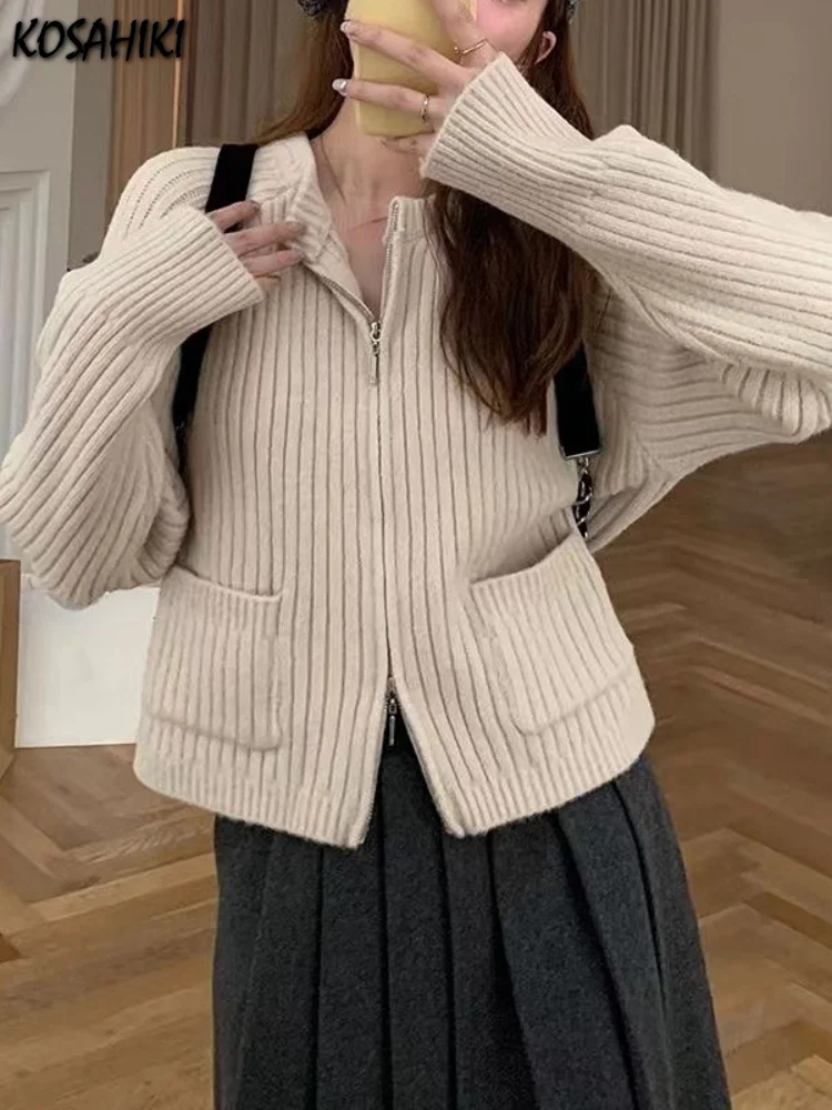 

Y2k Aesthetic 2023 Spring Double Zipper Cardigan Femme Fashion All Match Casual Long Sleeve Tops Women New O Neck Pocket Sweater