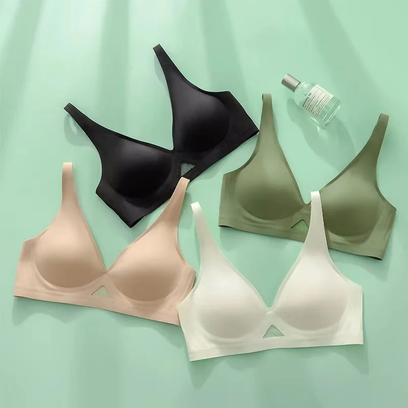 

No Trace Jelly Strip Underwear Women's No Steel Ring Small Chest Gathered Pair Breast Ultra-Thin Cup Breathable Deep V Bra