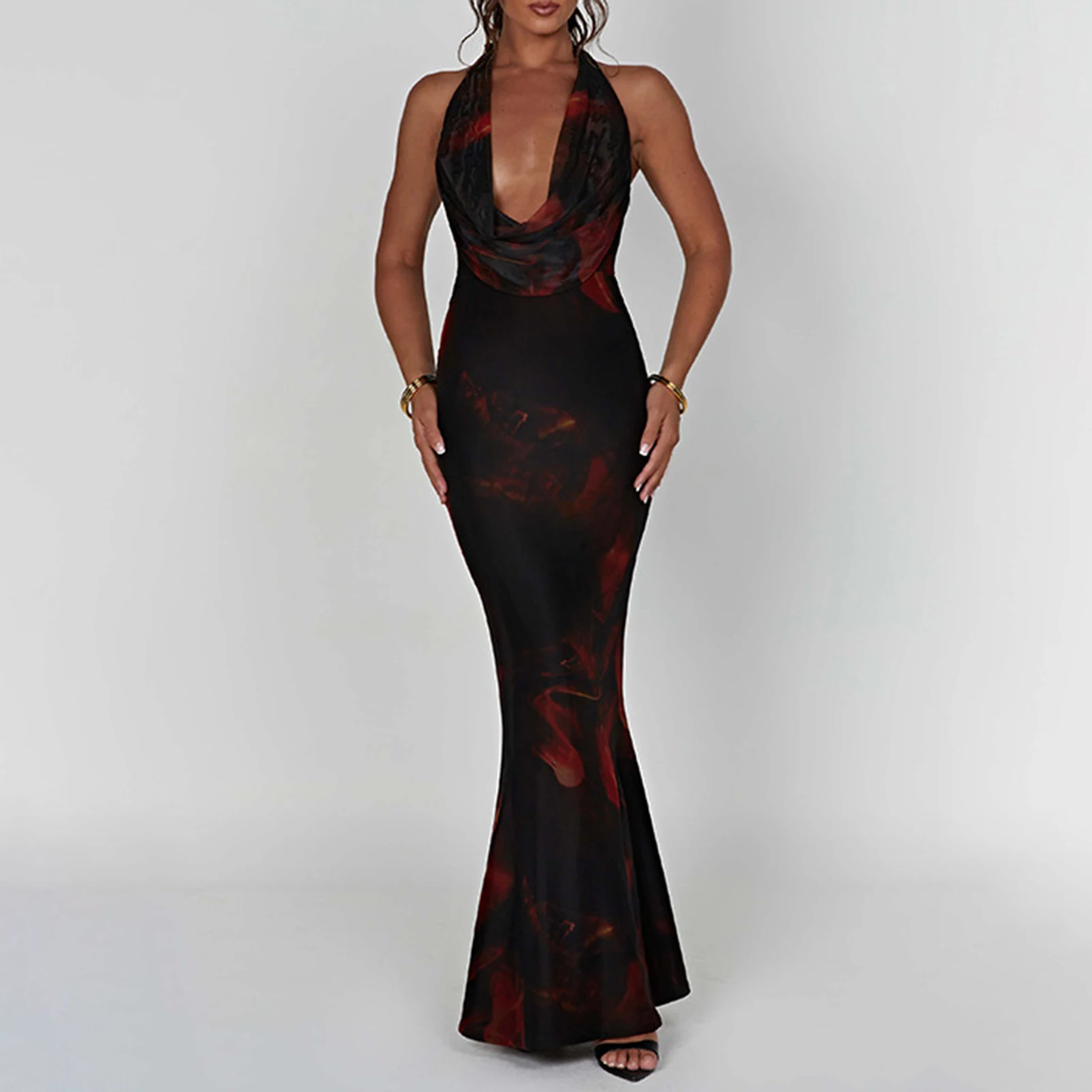 

Женское облегающее платье-годе без рукавов, привлекательное длинное платье с глубоким V-образным вырезом, открытой спиной и принтом