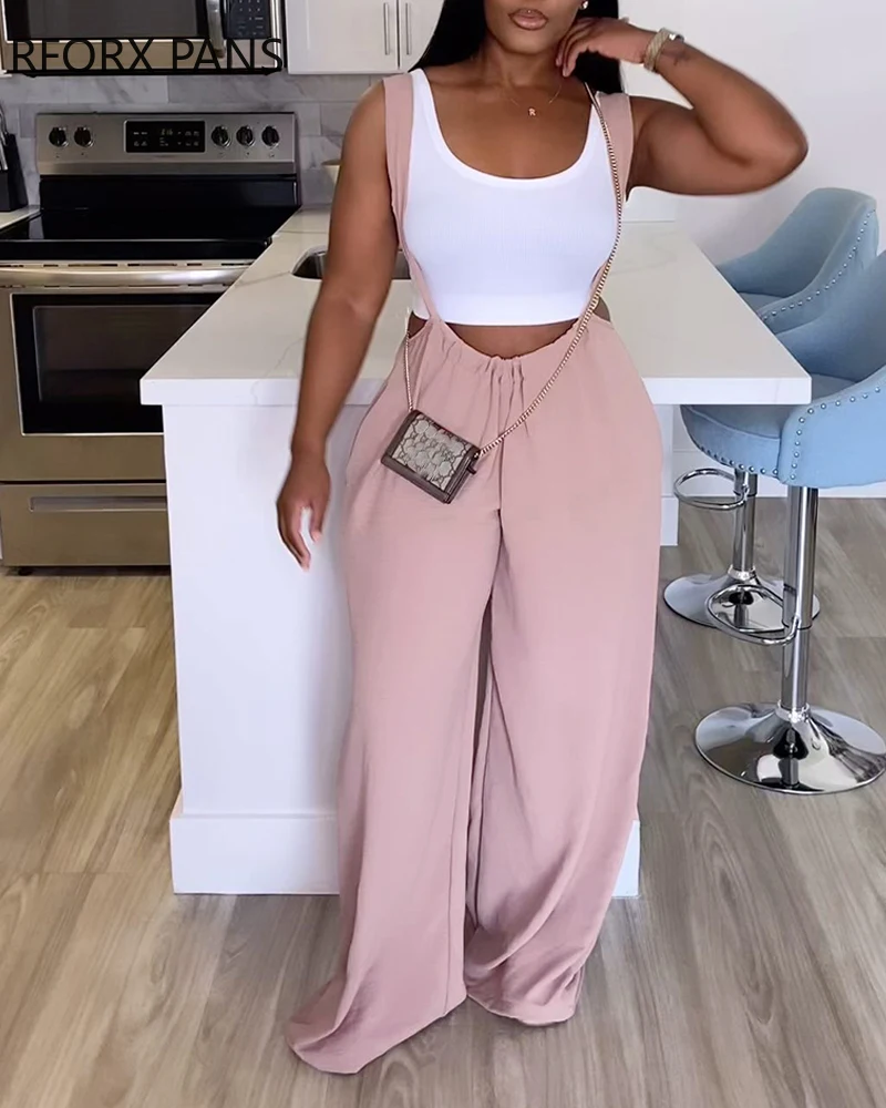 2024 женский однотонный комбинезон на широких бретелях с декоративными карманами