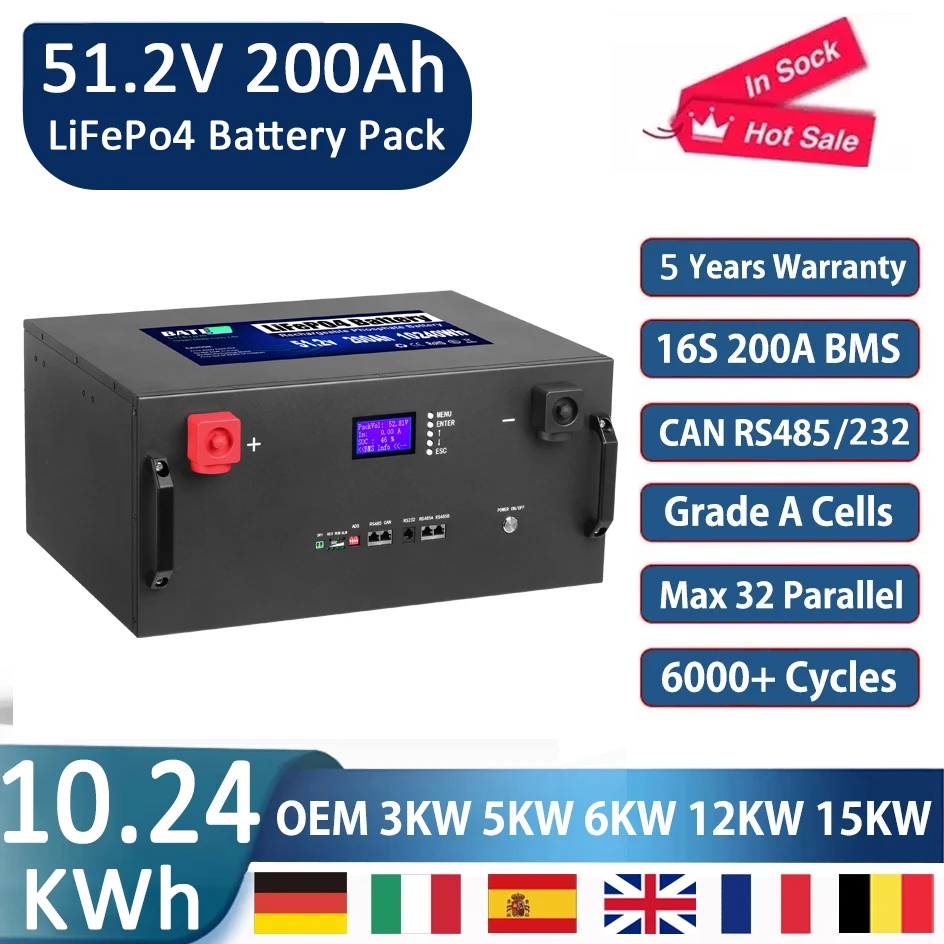 Solar Battey LiFePO4 48v 51.2V 200AH Battery Pack 10KW 32 Simultaneous 6000+ Cycle Lithium Ion Battery 200A BMS CAN/RS485 EU War