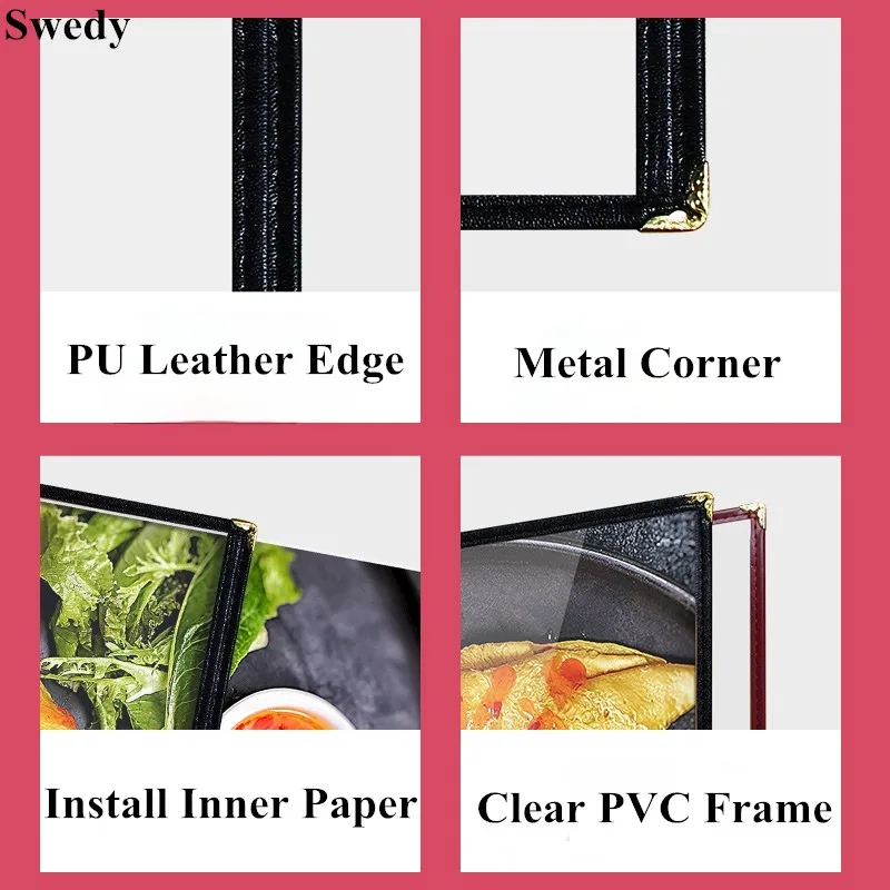 2 Pieces A3 Single Page 2 Views PVC Poster Sign Holder Sleeves Hotel Menu Holder PU Leather Border Menu Paper Cover images - 6