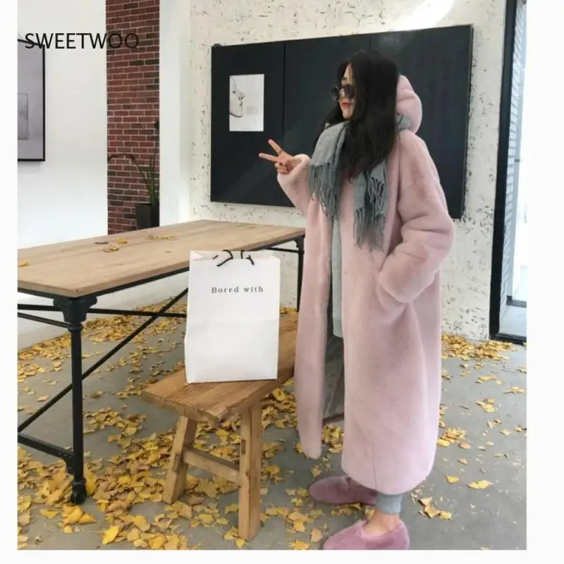 2021 Winter Hooded Women Faux Fur Coat Ladies Thick Warm Outwear Long Fur Jacket Casaco Feminino Inverno Tedy Contracted Slim