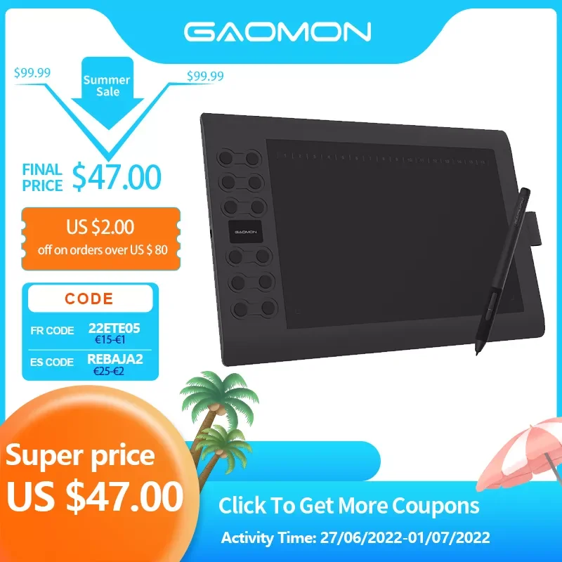 

Графический планшет GAOMON M106K PRO для рисования, 10 дюймов, с 8192 уровнями наклона, поддерживает стилус без батареи для Windows/Mac/An