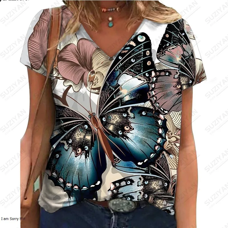 

Elegant Women's Short Sleeve V-Neck Casual Loose Large Graphic T-shirt 2023 Hot Selling Street 3D Printing Short Sleeve T-shirt
