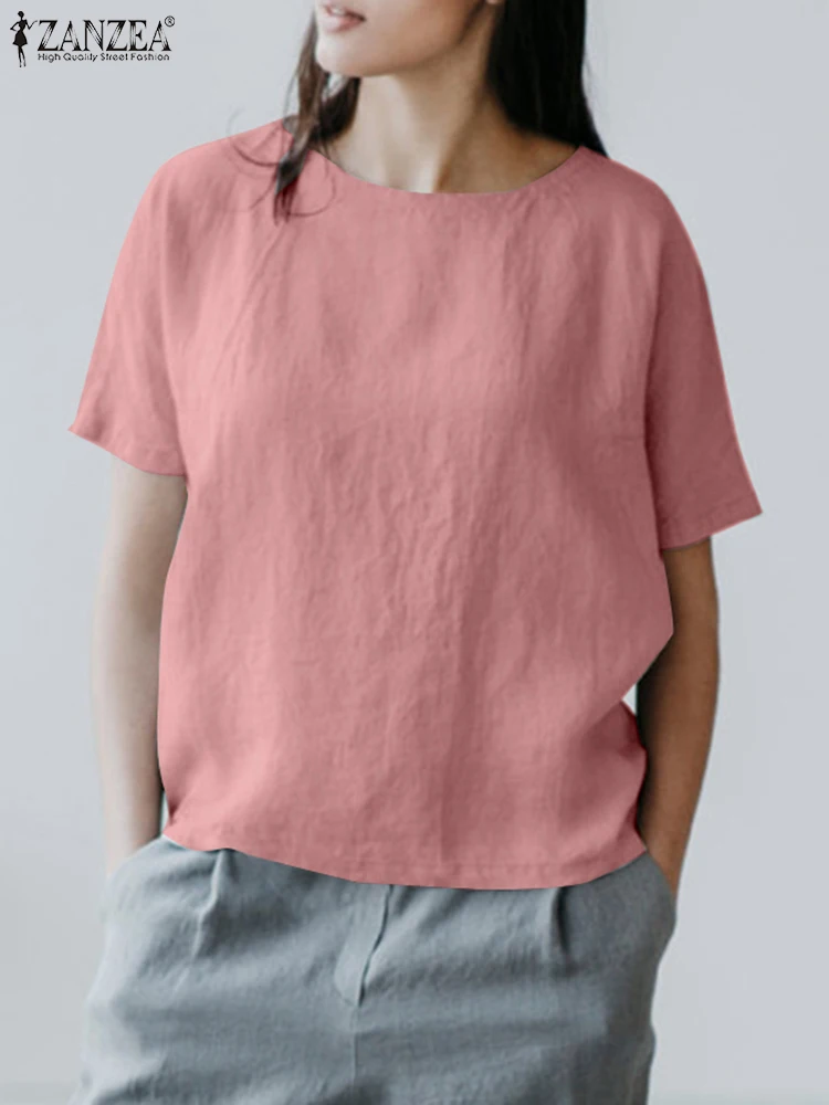 

Summer Fashion Solid Cotton Blouse Female O Neck Loose Work Shirt Chemise Mujer Tunic 2023 ZANZEA Women Casual Short Sleeve Top